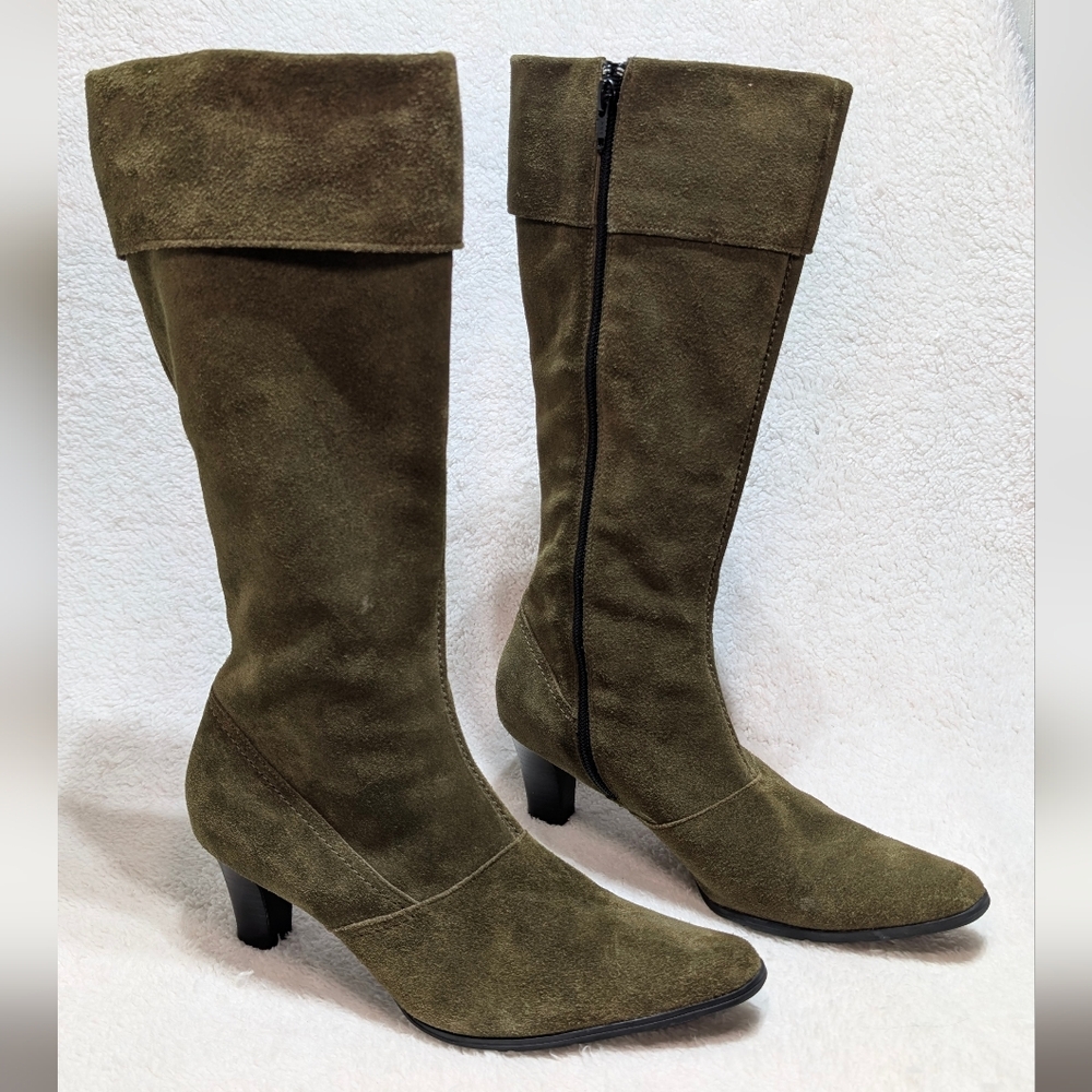 Worthington Green Suede Pointed Toe Mid Calf Tall Heeled Boots Women's 7.5
